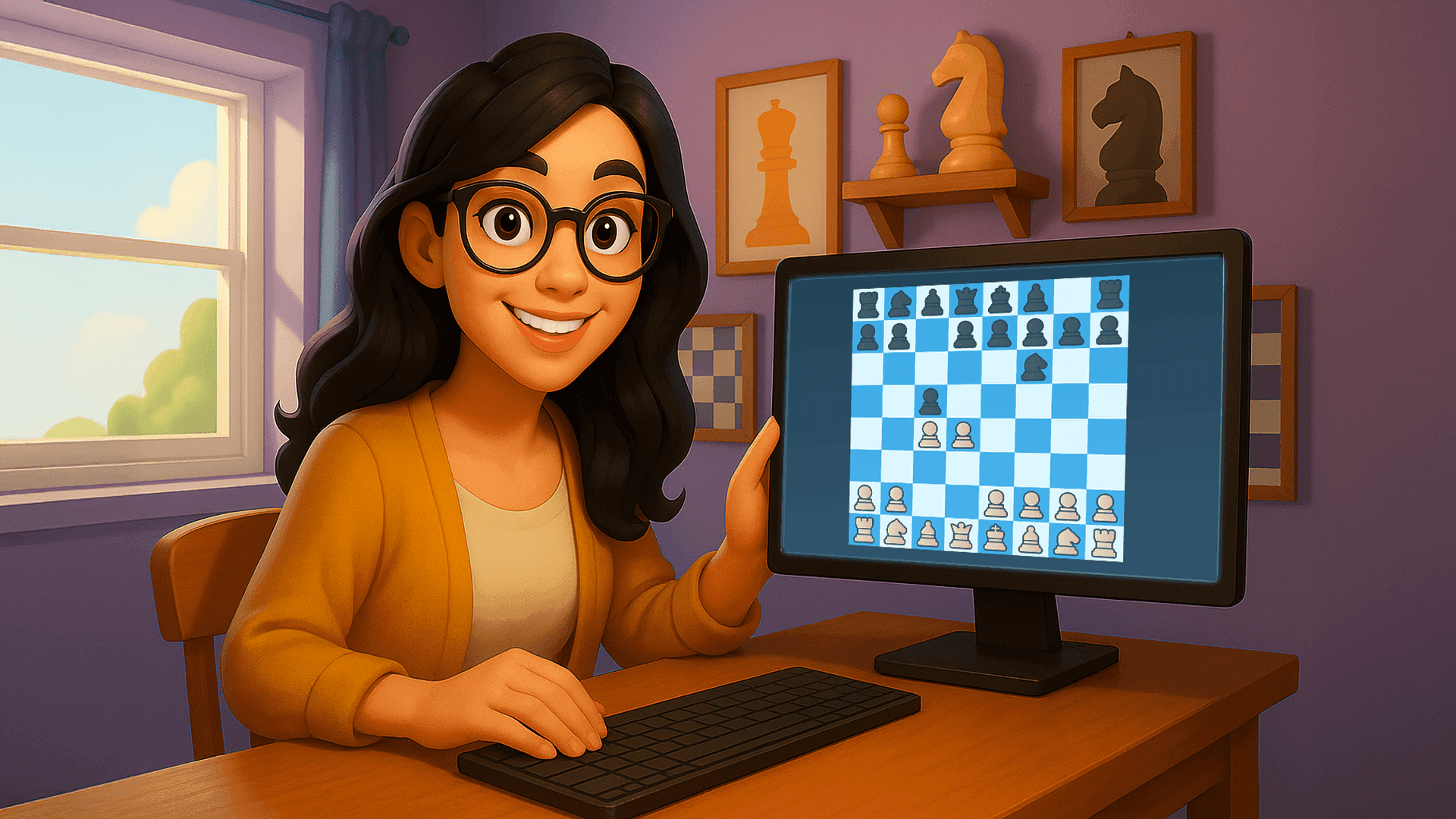 Instructor teaching Benoni Defence chess opening on computer screen