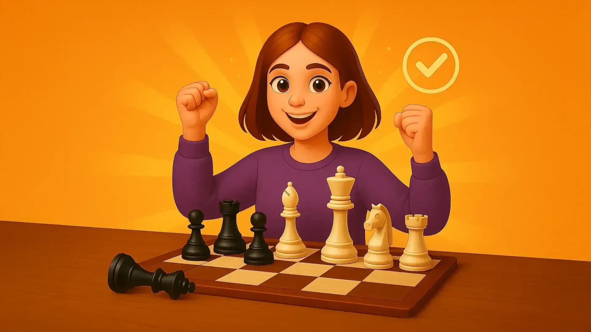 Beautiful girl smiling in front of chess board after winning the game