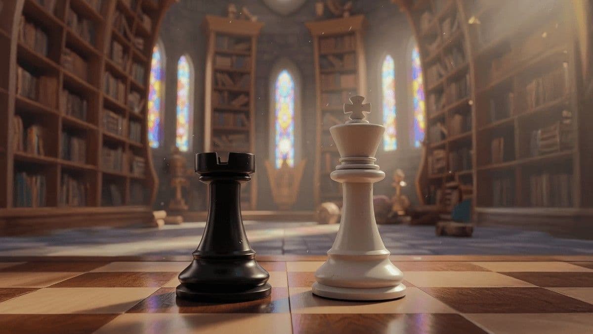 A cinematic chess scene showing a black rook and a white king on a chessboard inside a grand library, symbolizing the basic rook and king checkmating technique.