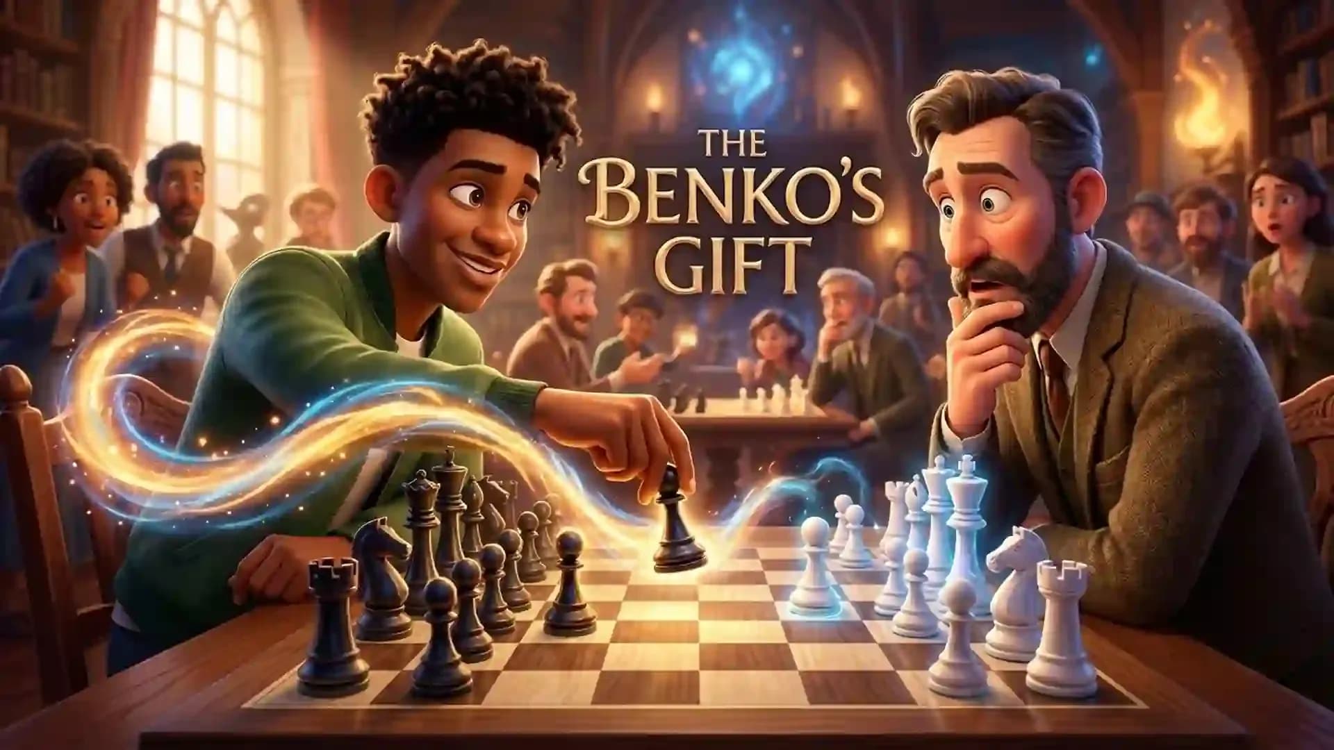 Illustration of a Benko Gambit chess game where a young player sacrifices a pawn to launch a powerful queenside attack against an experienced opponent in a dramatic chess hall setting.