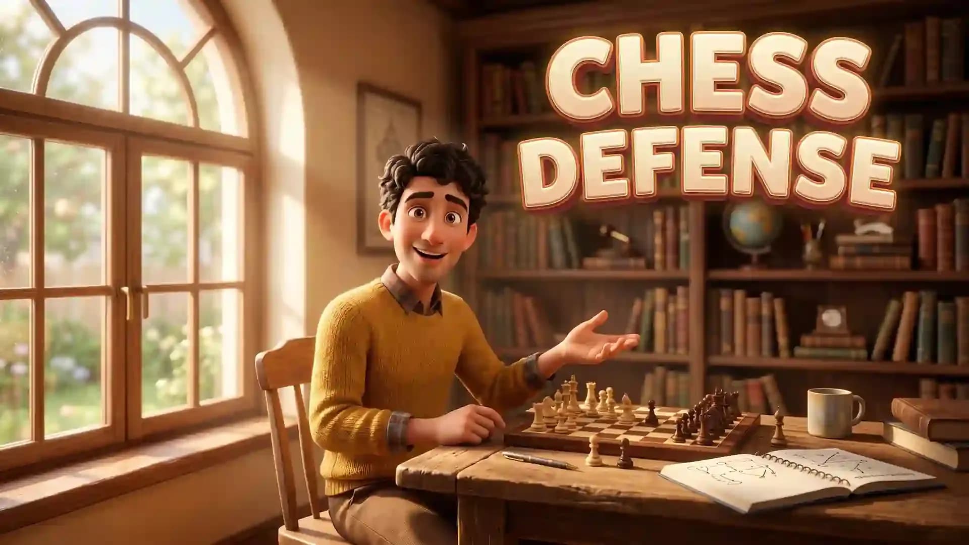 Chess player explaining defensive strategies at a board in a cozy study setting with pieces arranged mid-game