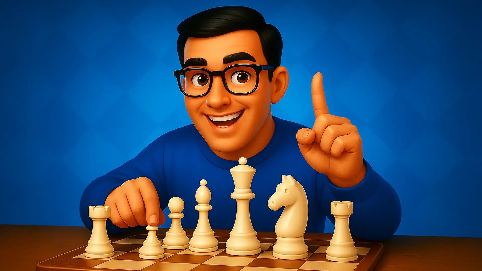 Smiling player demonstrates the best chess opening for White with strategic first moves on the board