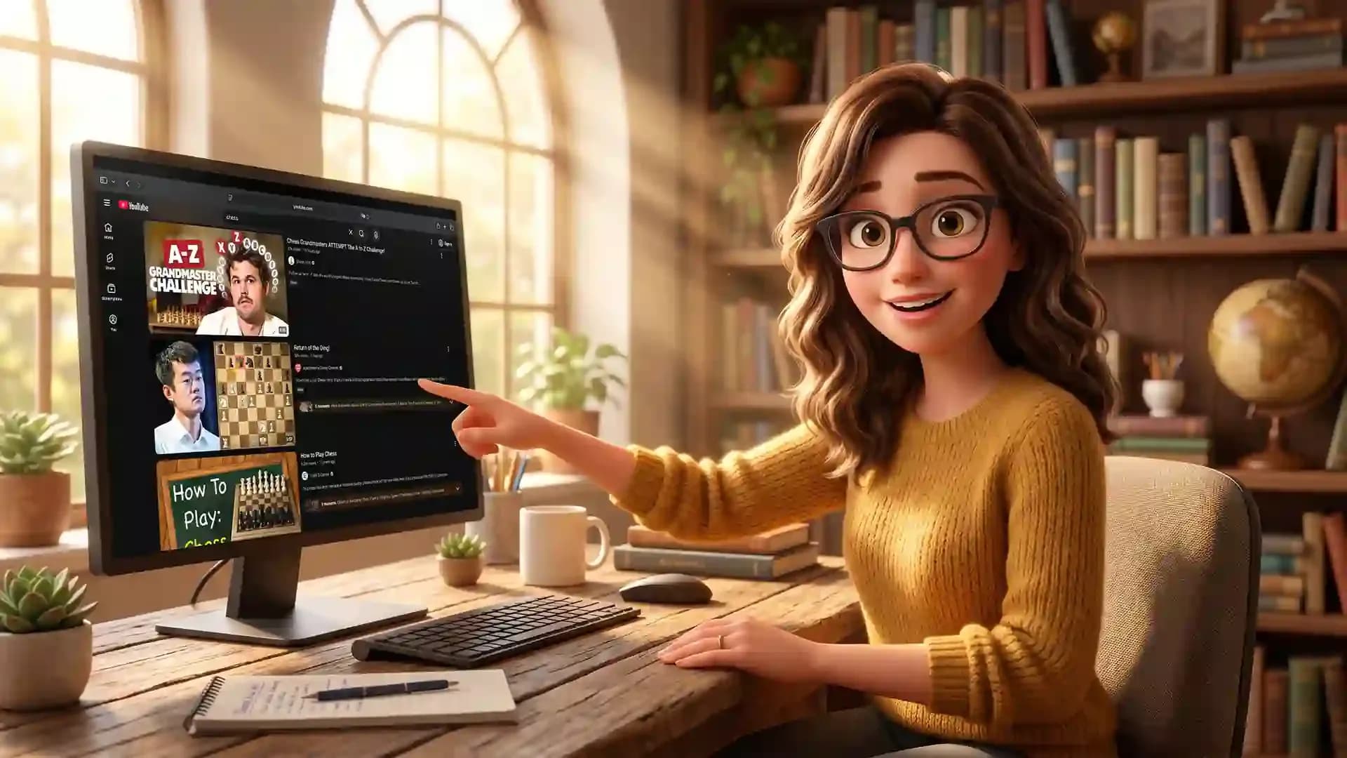 Animated woman pointing at a computer screen showing chess YouTube videos and tutorials in a cozy study setup