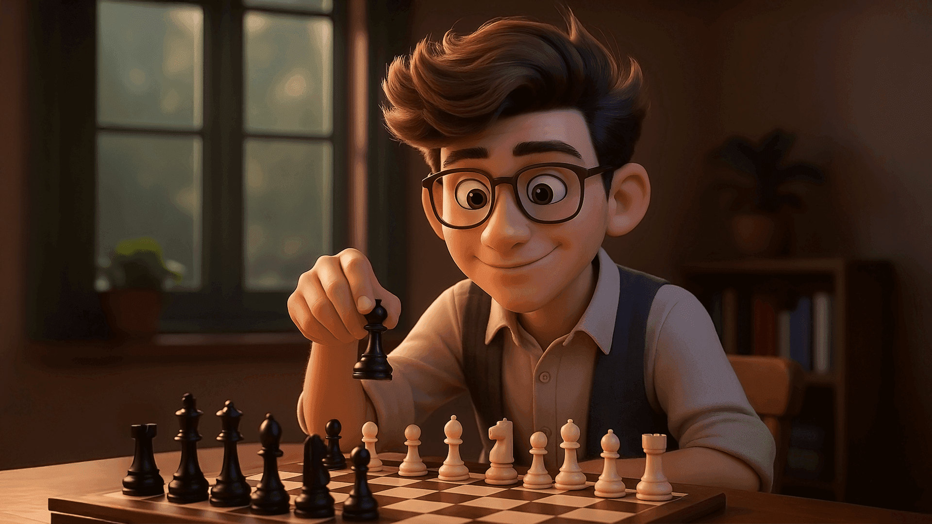 A close-up shot of a young boy's hand moving a black knight on a chessboard. The background is slightly blurred, focusing on the action of the game and the strategy involved.