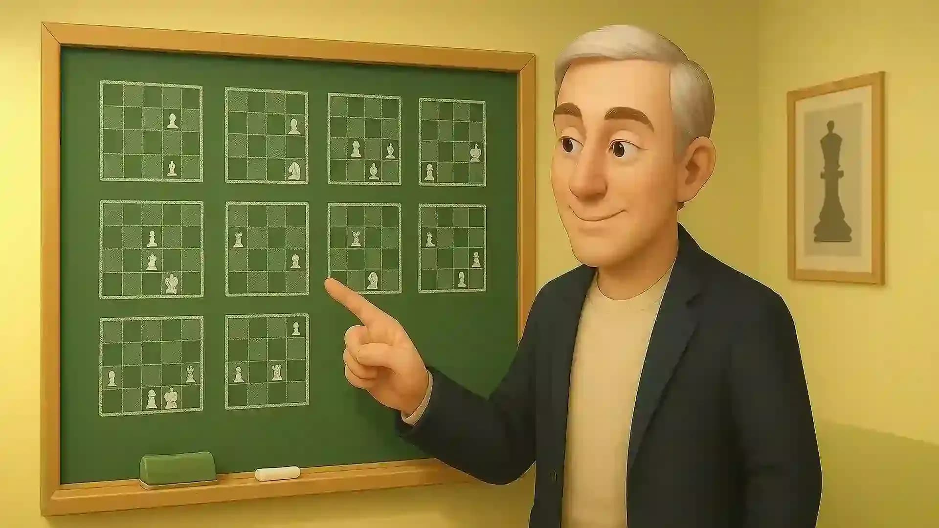 Beginner learning chess endgame checkmate patterns on a board, focusing on basic checkmate techniques