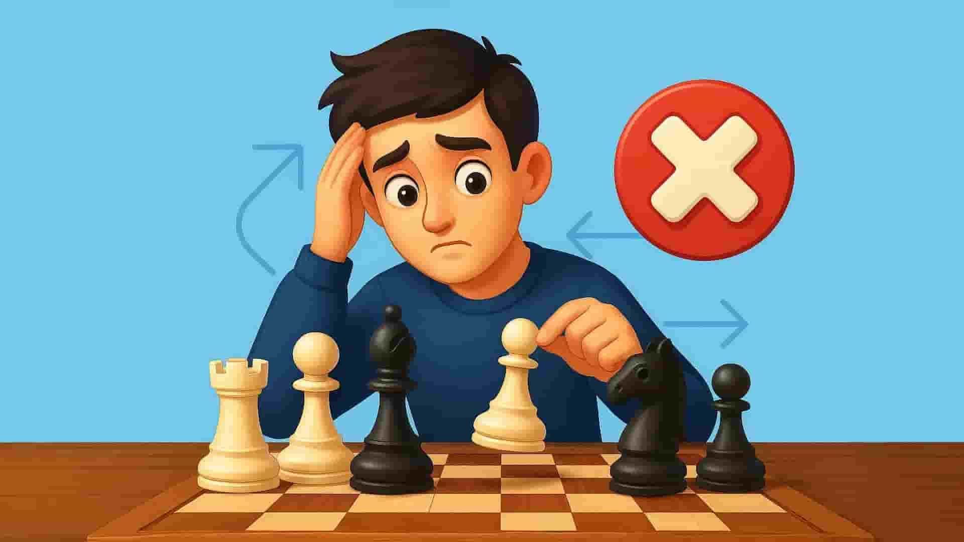 Player making a wrong move in chess while looking confused, highlighting common mistakes and poor decision-making in gameplay