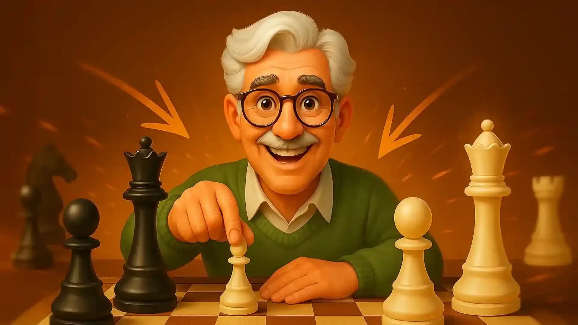 Man pointing at chess pieces illustrating their relative values and importance in the game