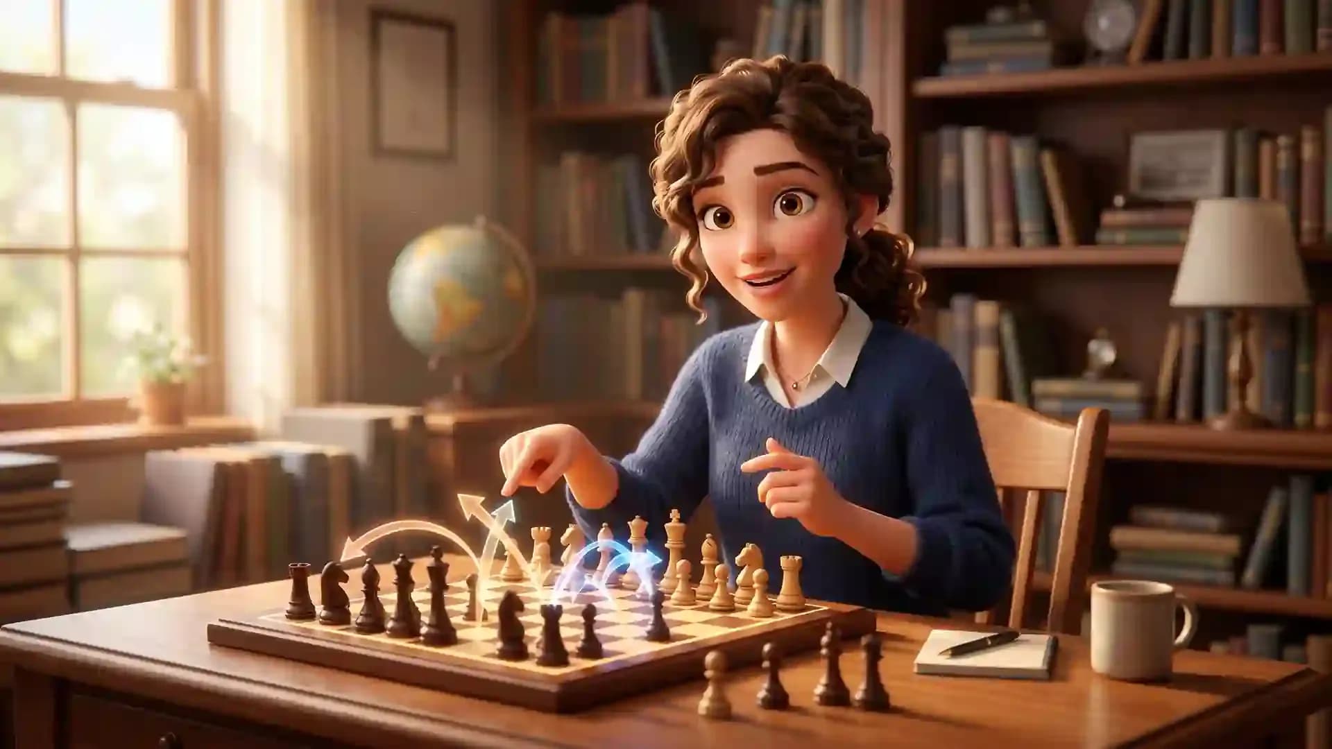 Woman analyzing chess moves with glowing arrows demonstrating tempo strategy on a chessboard