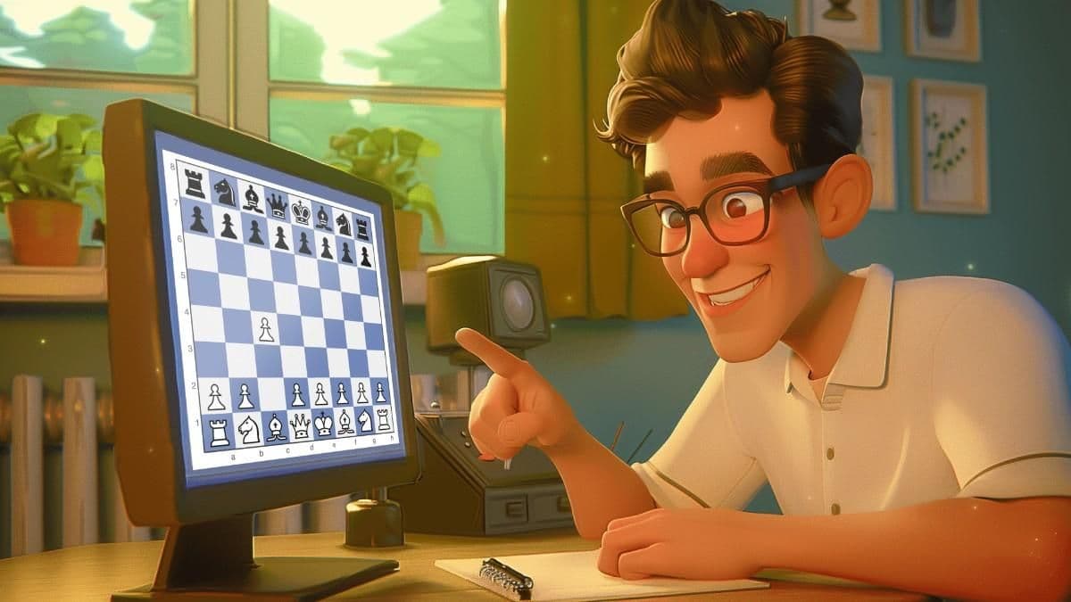 Chess player studying the English Opening strategy on a computer screen