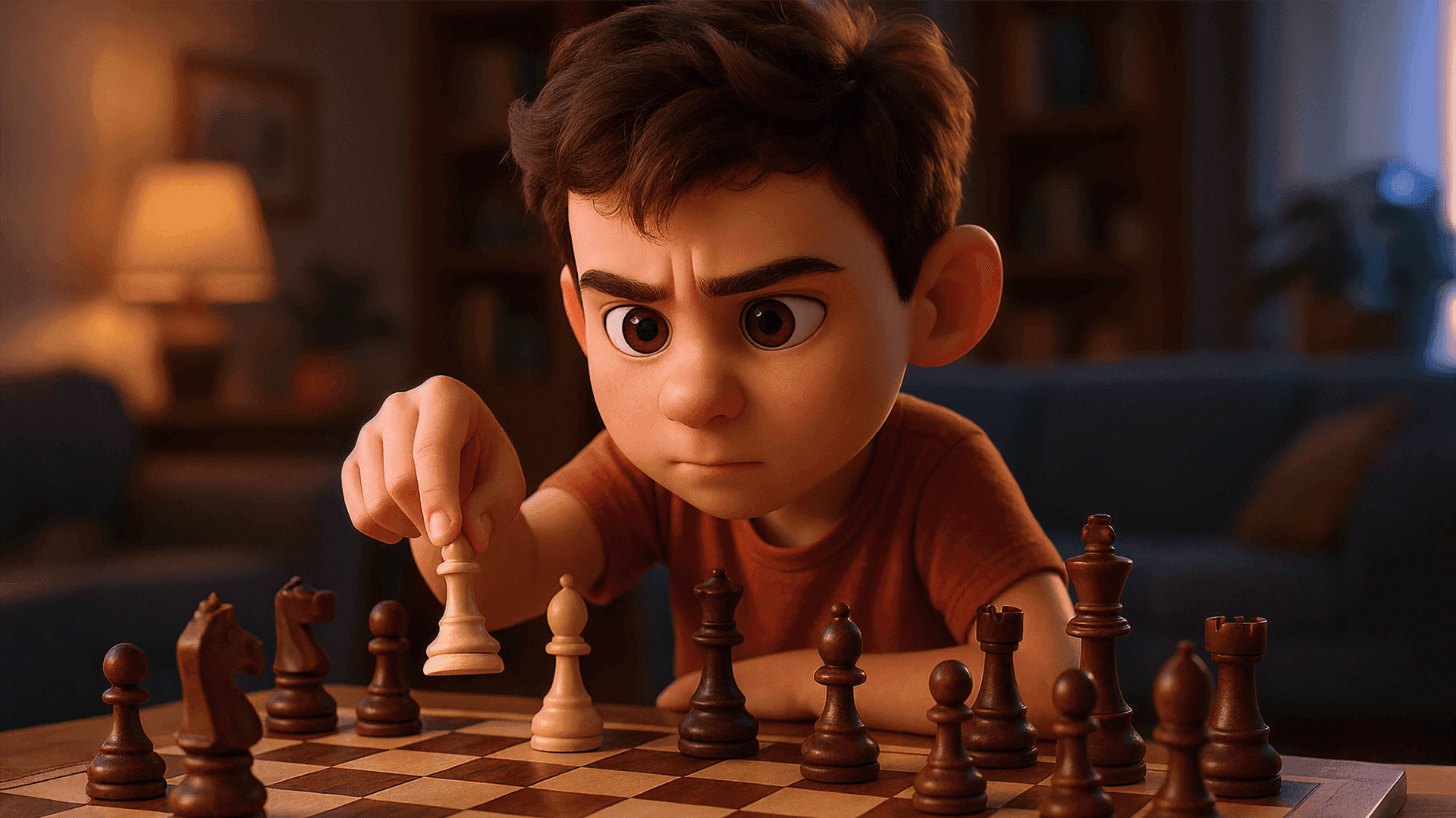A young chess player concentrating while delivering a five-move checkmate, demonstrating a quick chess win pattern for beginners.