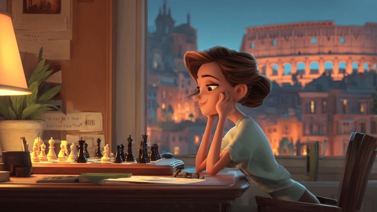Animated woman studying the Italian Game chess opening at a desk with a board set up in front of her.