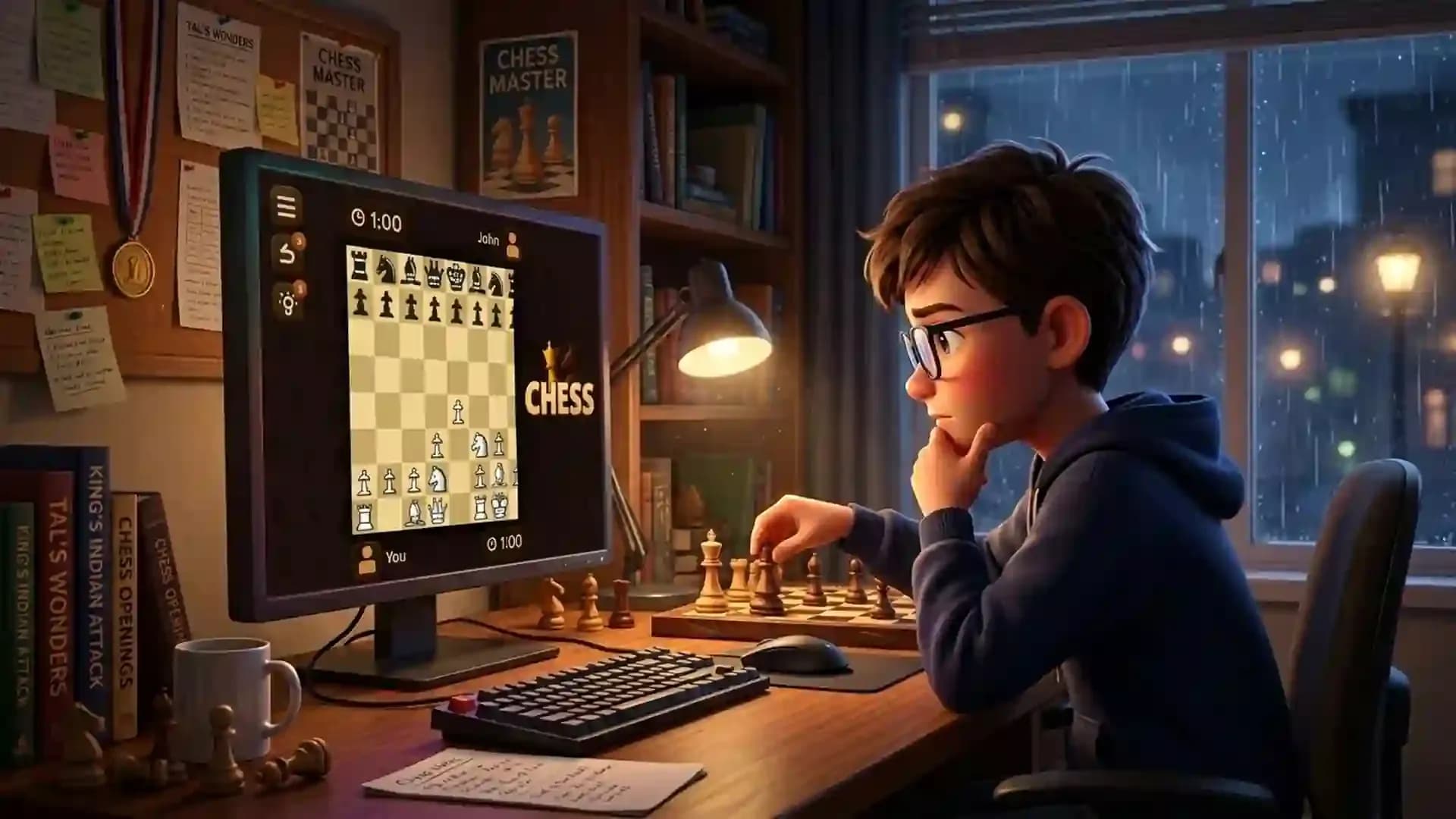 Young chess player studying the King’s Indian Attack opening on a computer while playing on a chessboard at a desk.