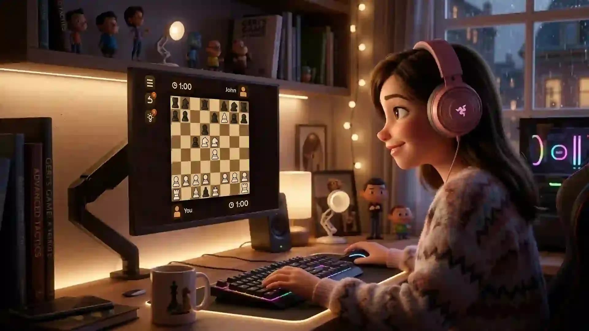 Young girl playing chess online on a computer while learning Legal’s Mate, a classic queen sacrifice checkmate tactic.