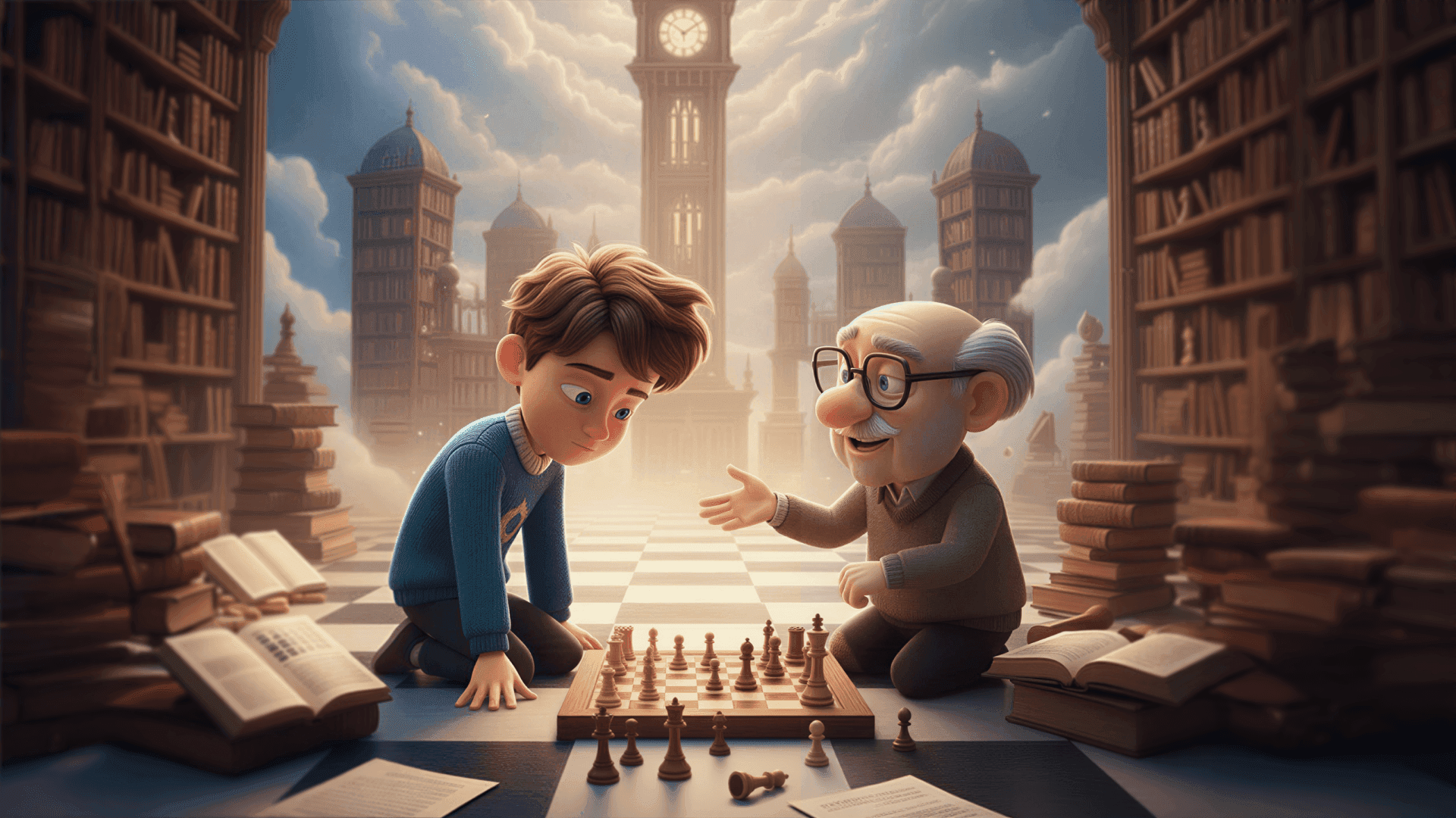 Young boy learning middle game chess strategy from an elderly mentor in a library setting