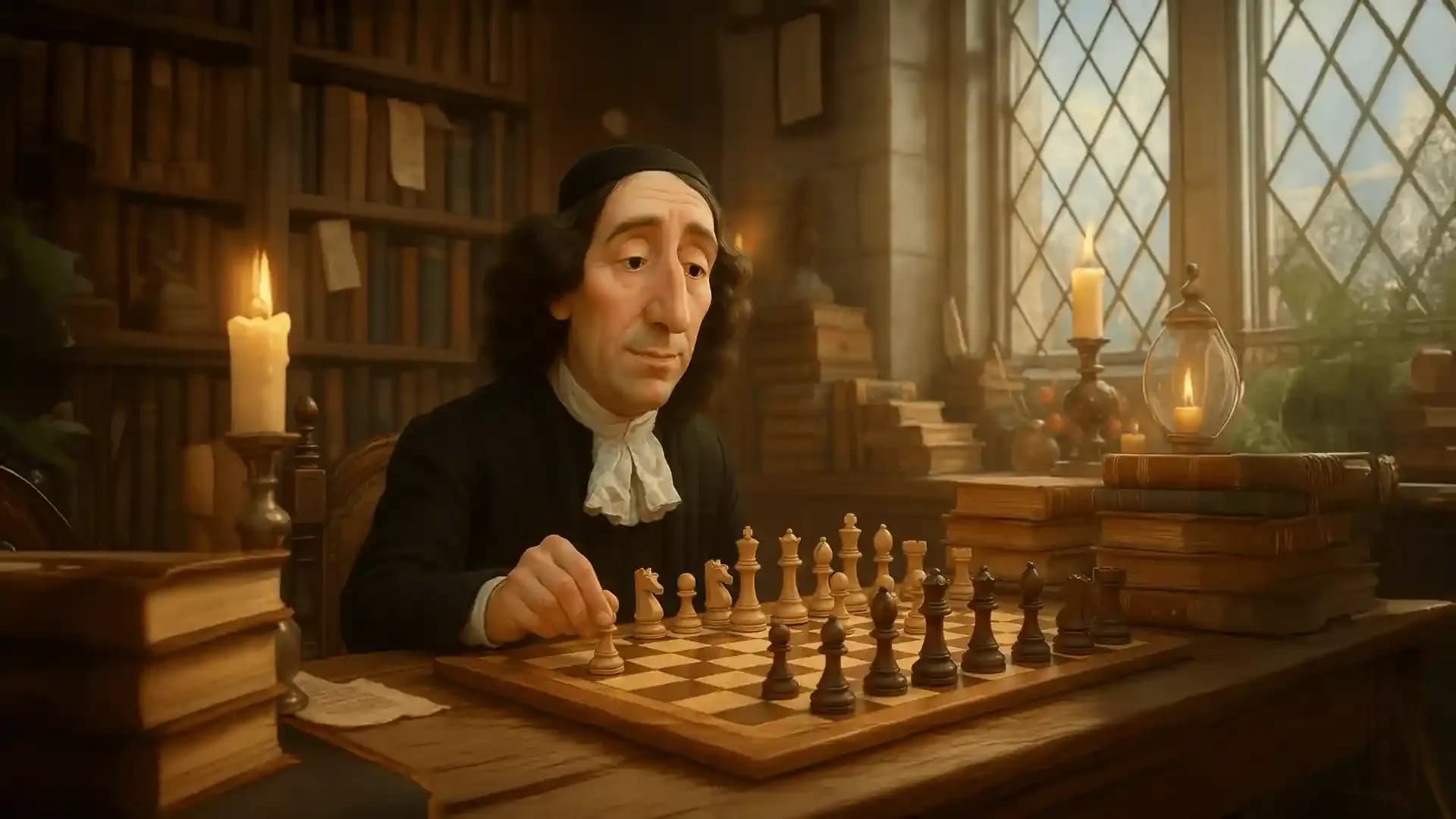 Historical-style illustration of a chess player analyzing Owen’s Defense opening after 1. e4 b6, a solid setup for Black to challenge the center