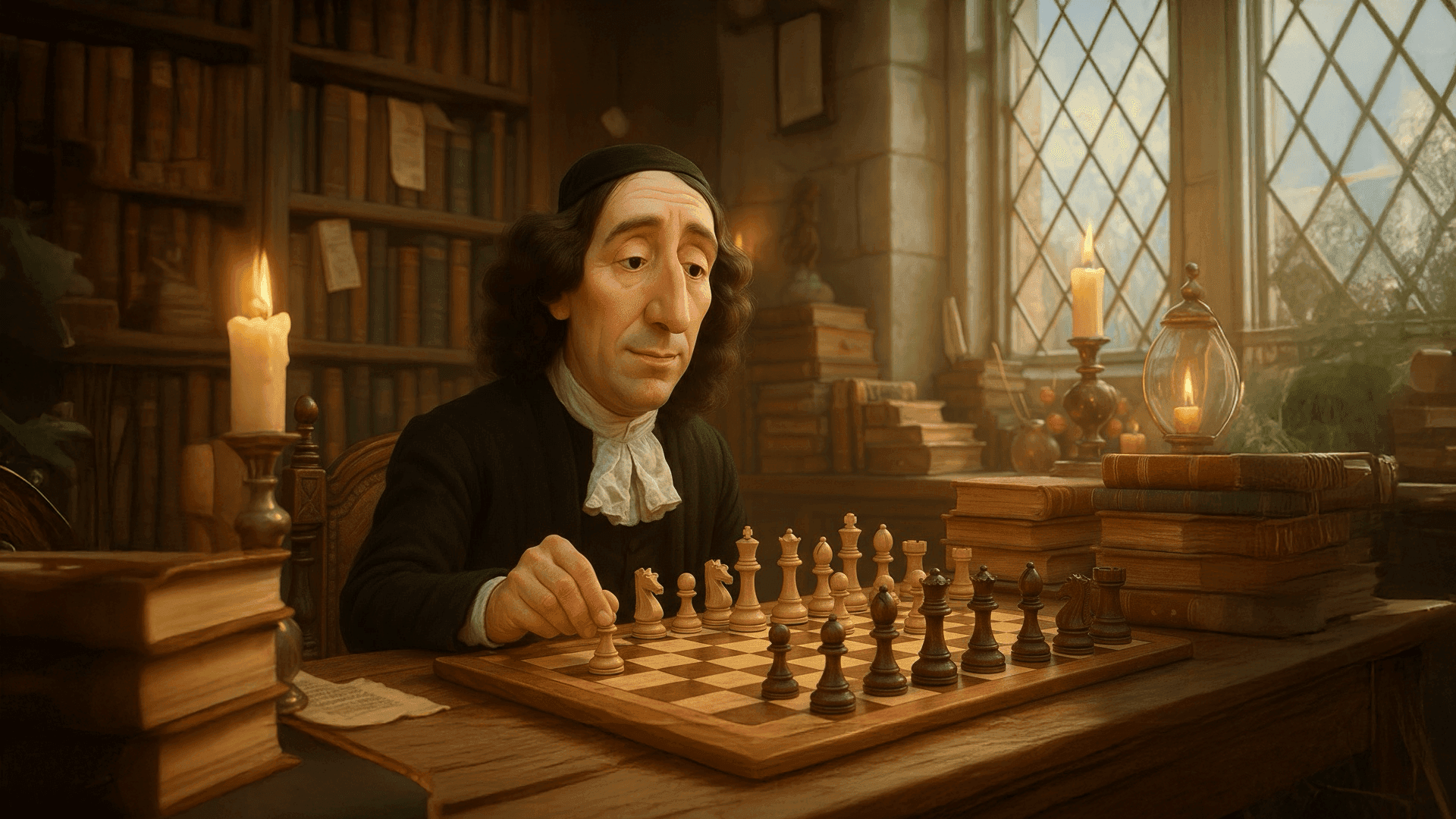 Historical-style illustration of a chess player analyzing Owen’s Defense opening after 1. e4 b6, a solid setup for Black to challenge the center