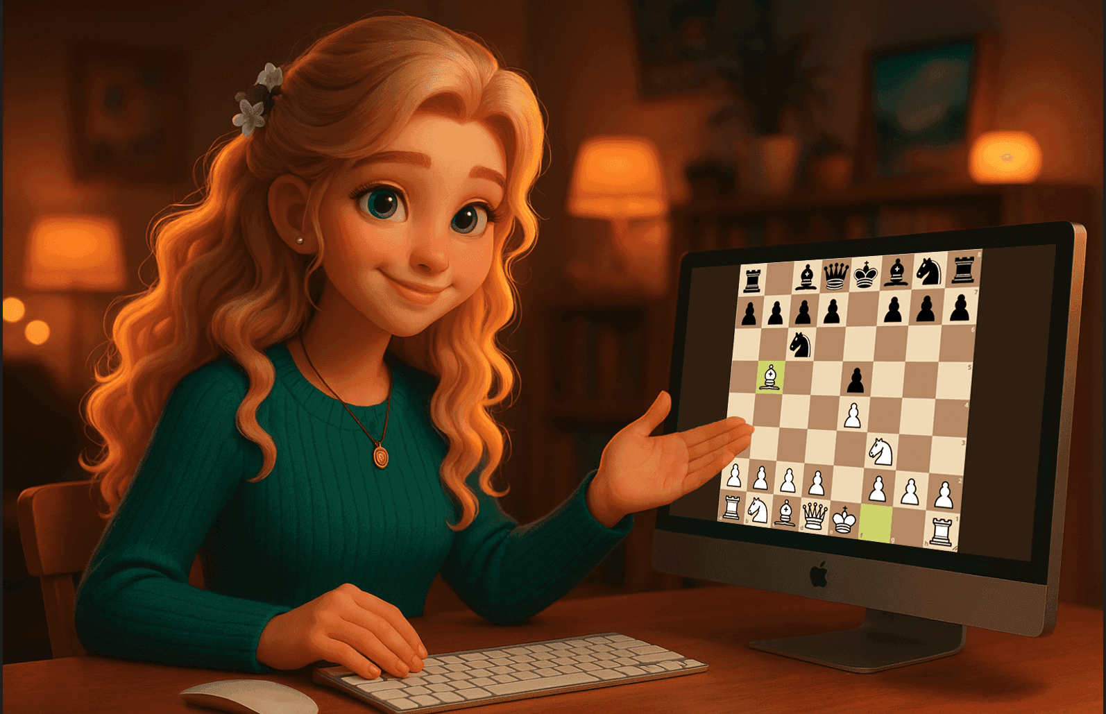 A chess player demonstrating the Ruy Lopez Opening on a computer screen, showing the bishop move Bb5 in chess.