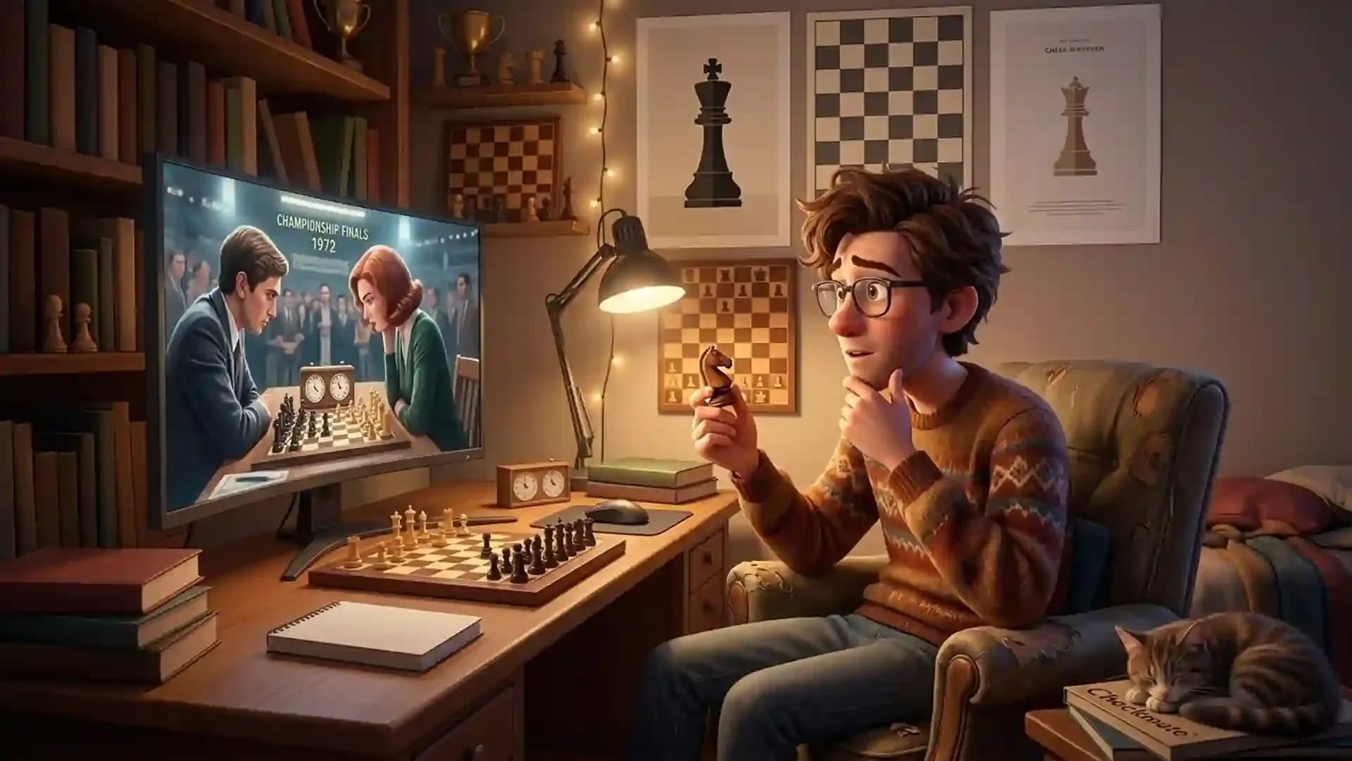 Animated illustration of a chess fan watching a championship chess match on a computer screen while analyzing a chessboard in a cozy room filled with chess-themed decor
