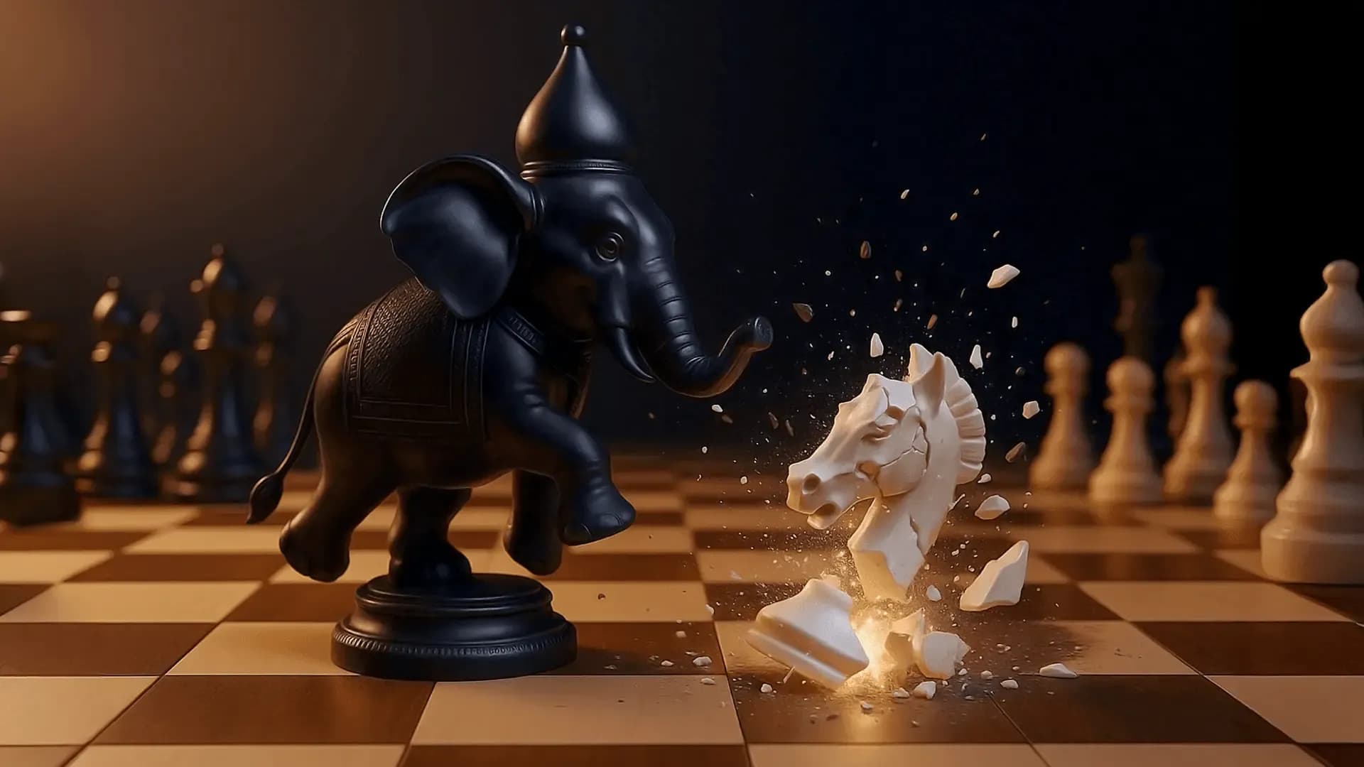 Black chess opening against 1.e4 featuring Bogo Indian Defence with symbolic pieces on a chessboard