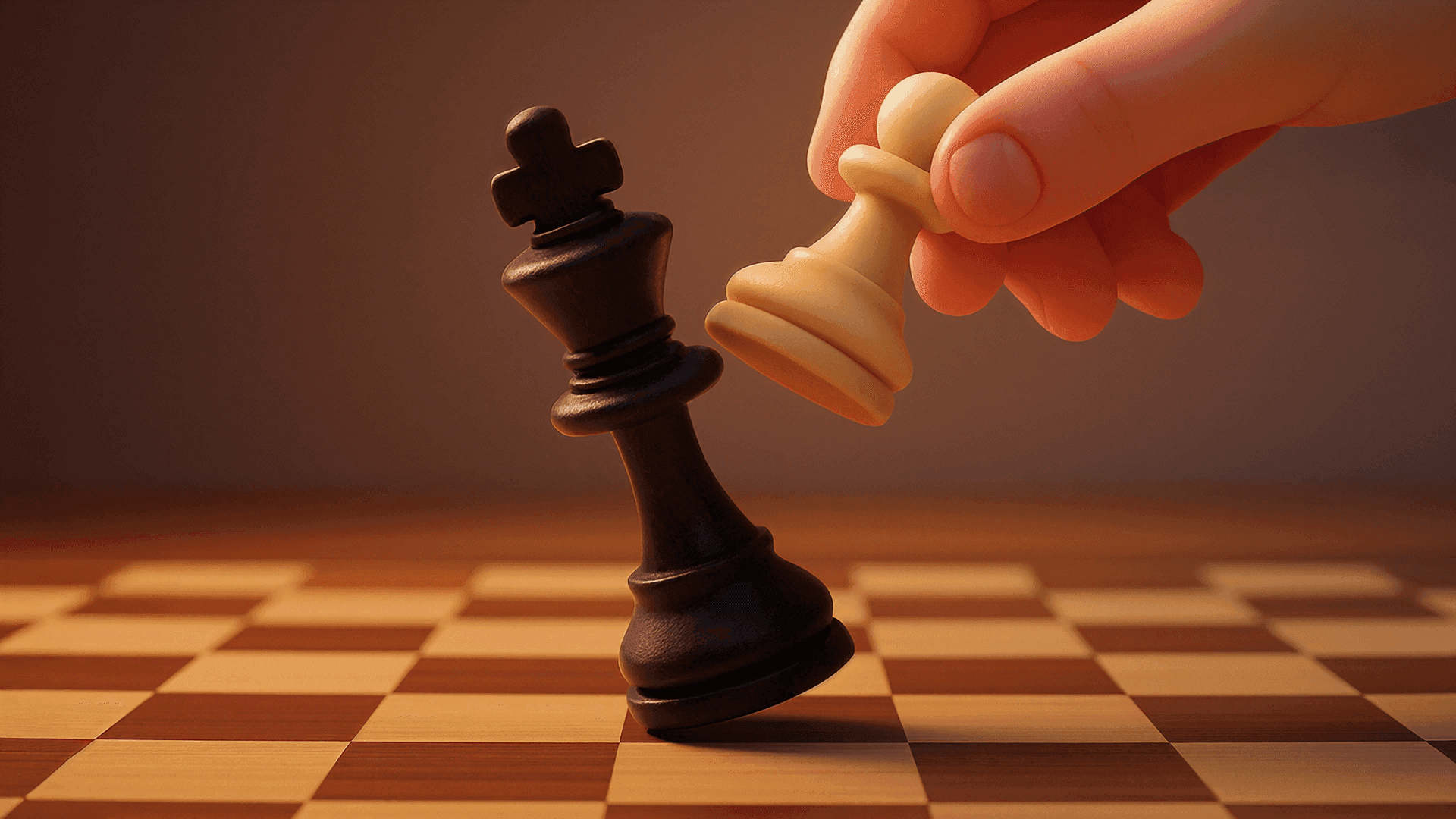 A close-up of a hand using a white pawn to capture a black king on a chessboard, symbolizing the question ‘Can a pawn take a king in chess?’
