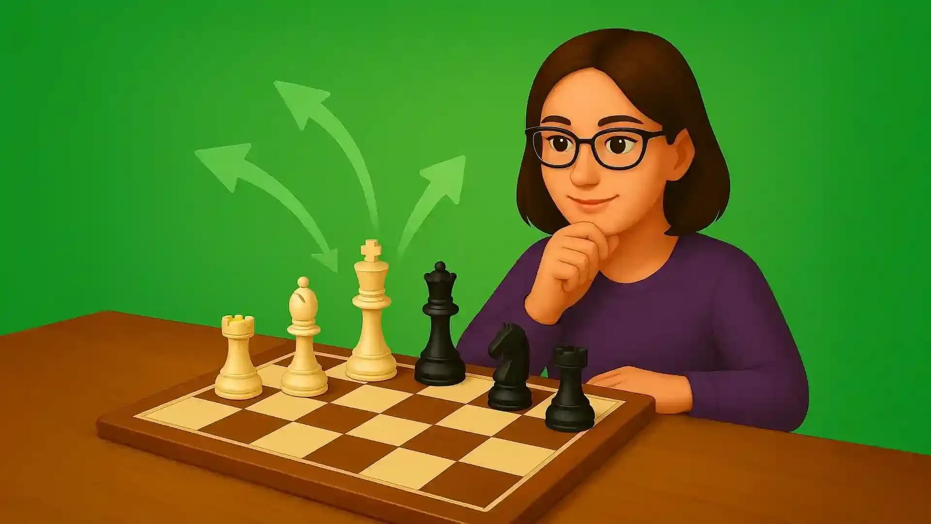 Illustration of a player analyzing chessboard with arrows showing common checkmate patterns and moves