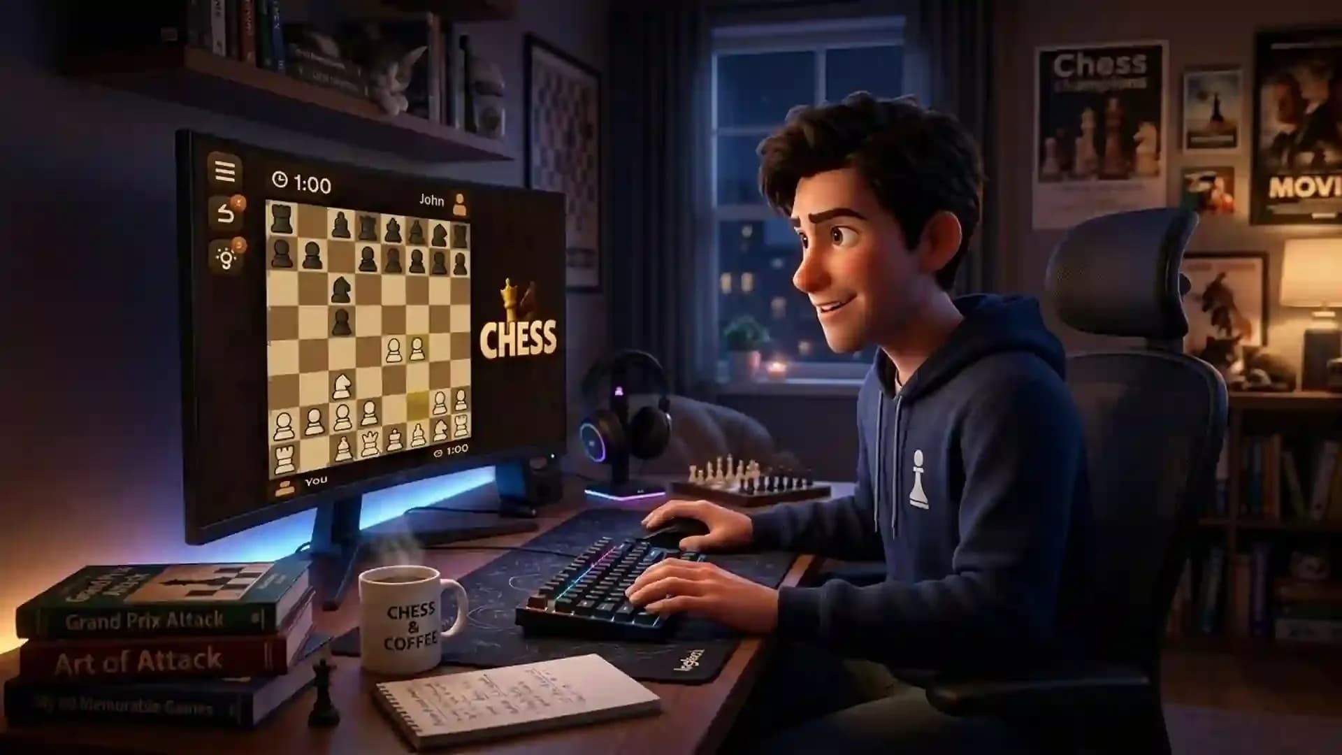 Young chess player studying and playing the Grand Prix Attack opening online on a computer during a nighttime chess session.
