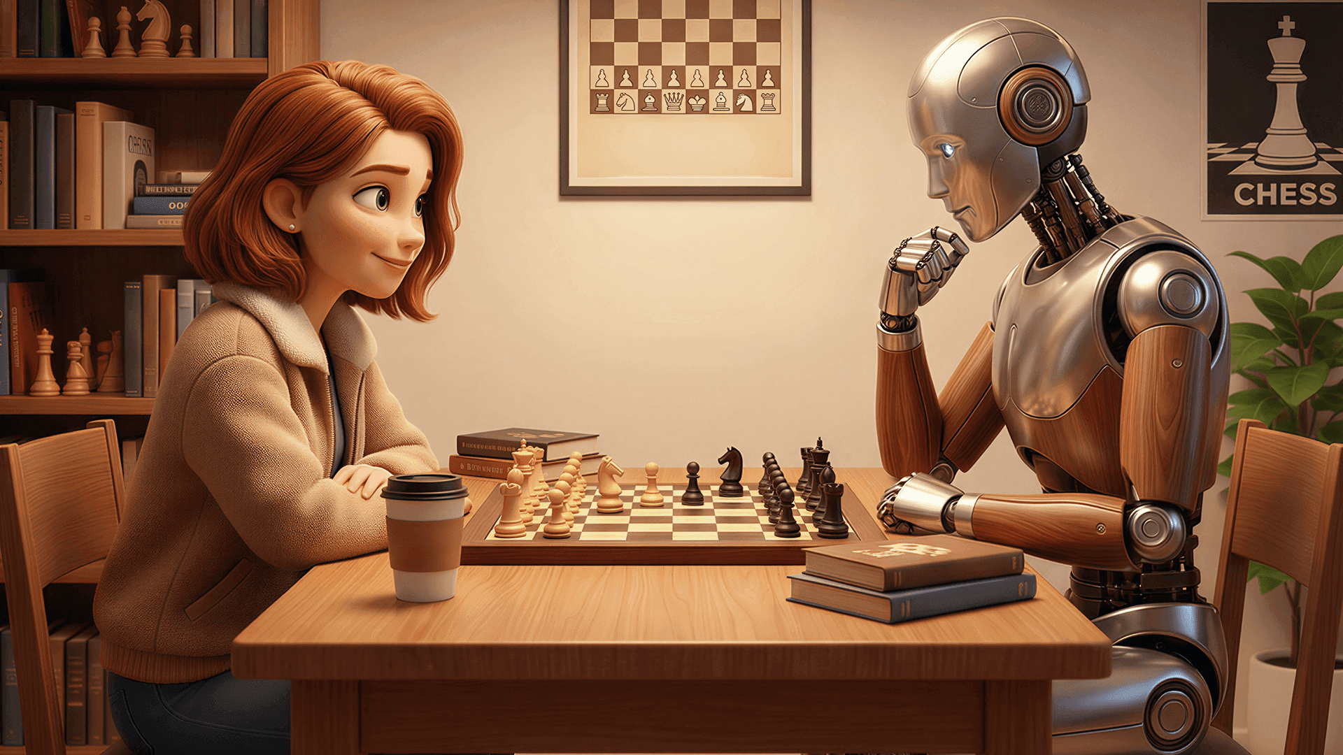 A woman playing chess against a humanoid AI robot at a table, symbolizing how artificial intelligence is changing chess and gameplay strategies.