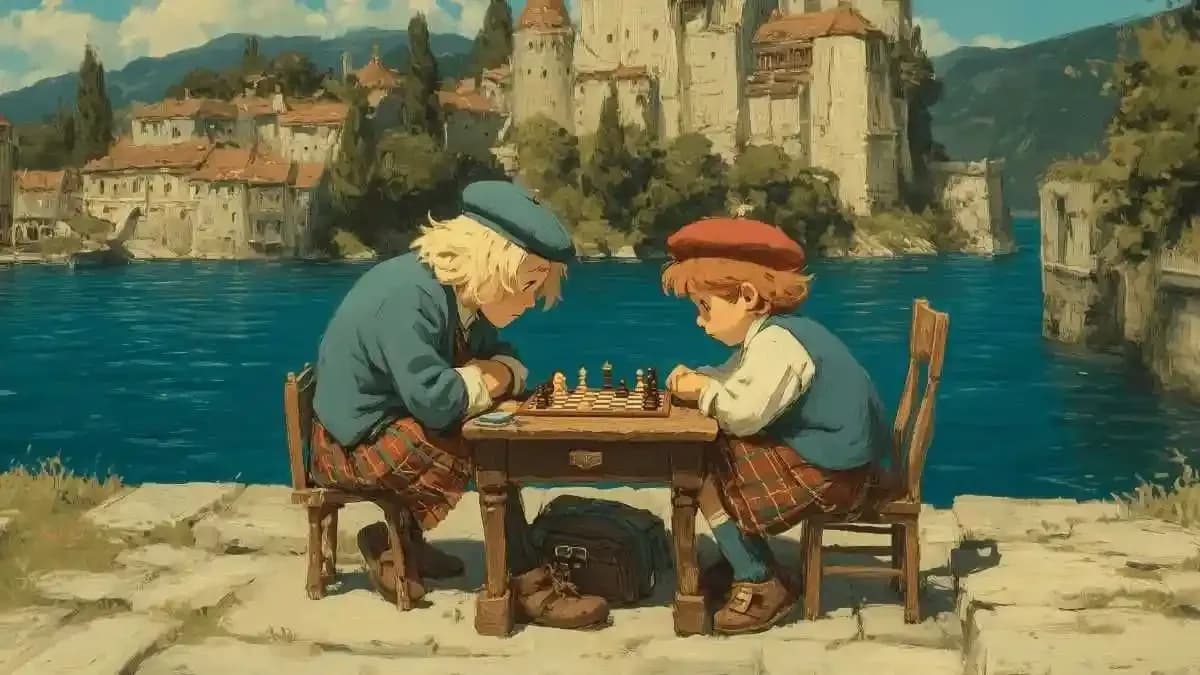 playing a game of chess outdoors on a stone table overlooking a scenic European waterside village and castle, representing the Scotch Game chess opening.