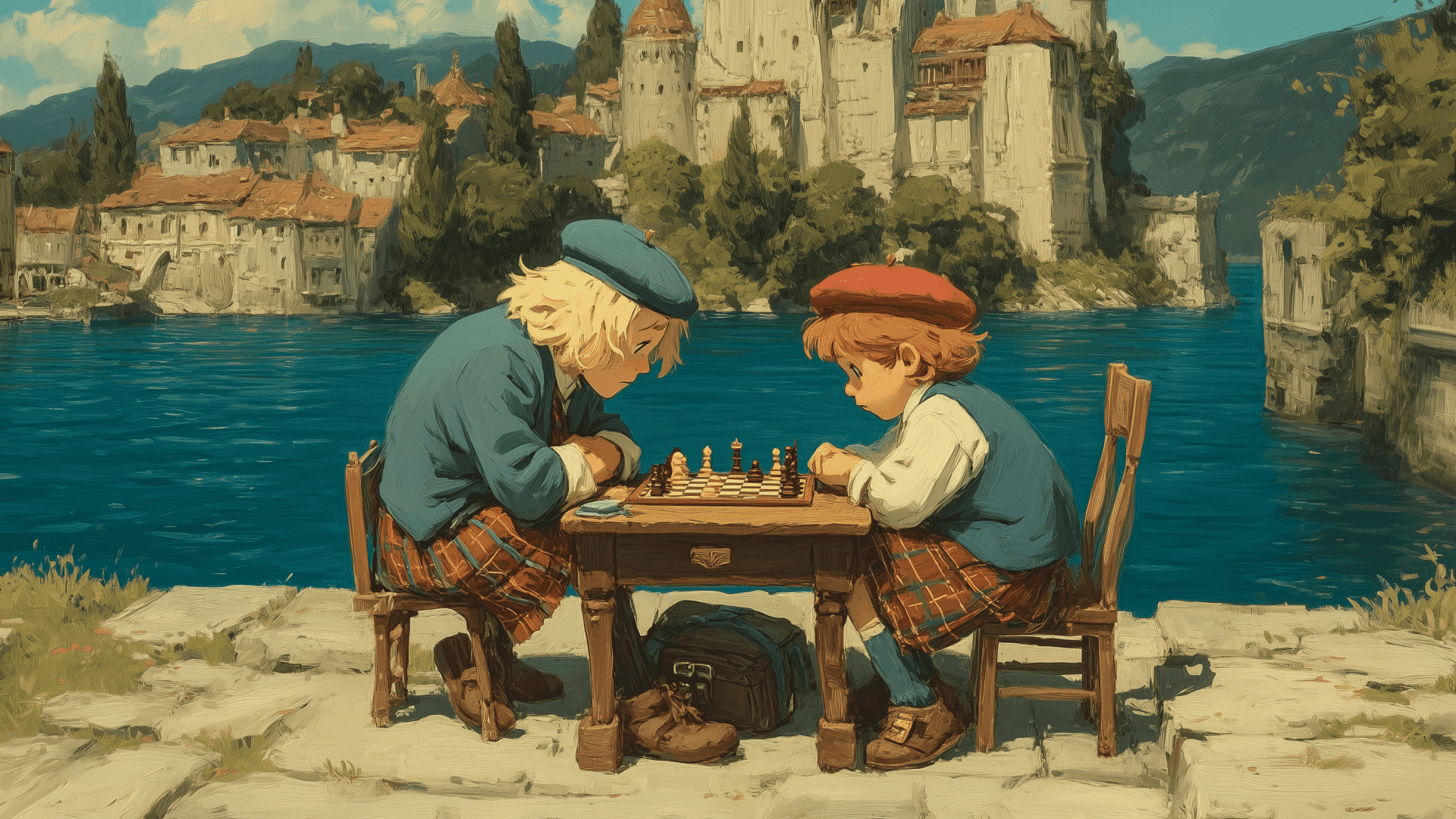 playing a game of chess outdoors on a stone table overlooking a scenic European waterside village and castle, representing the Scotch Game chess opening.