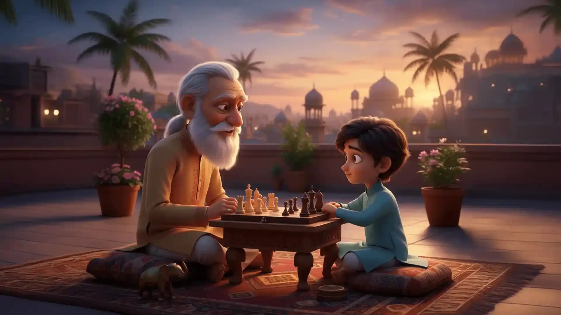 A grandparent teaching a child chess outdoors at sunset, representing the King’s Indian Defense and learning strategy across generations.
