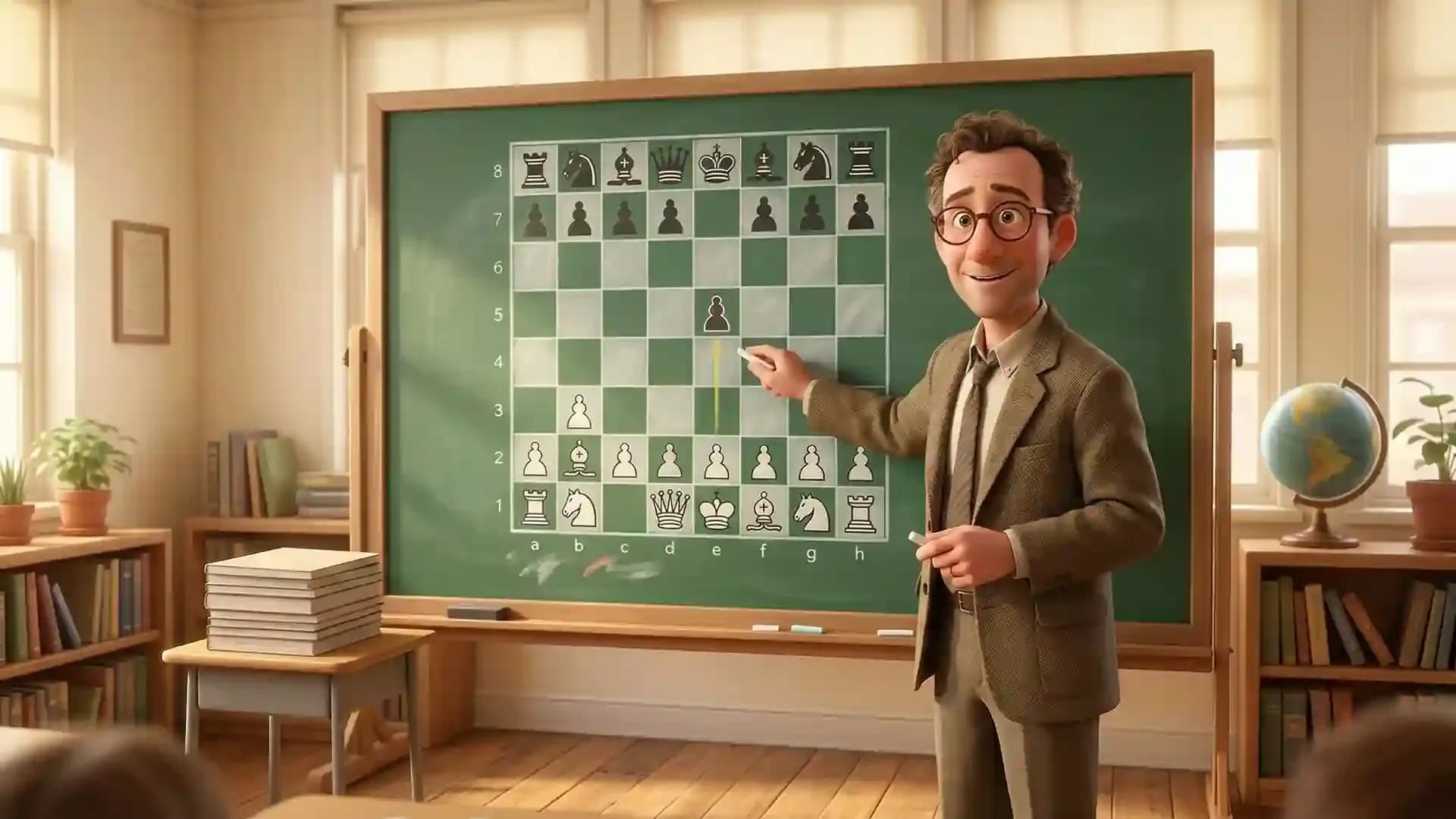 Chess teacher explaining Larsen’s Opening (1.b3) on a classroom board with highlighted pawn move
