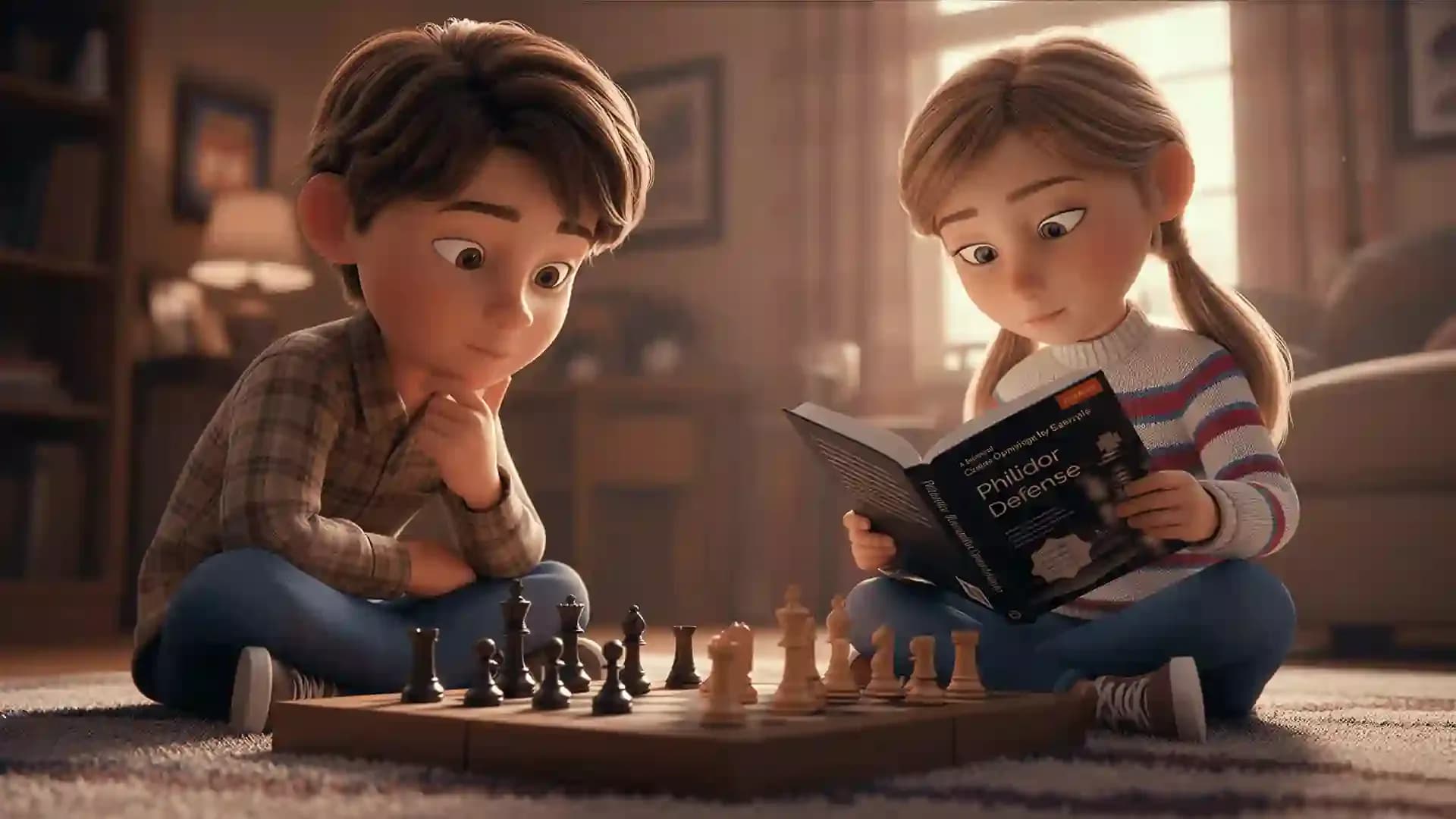 Children studying the Philidor Defense while playing chess on a board at home
