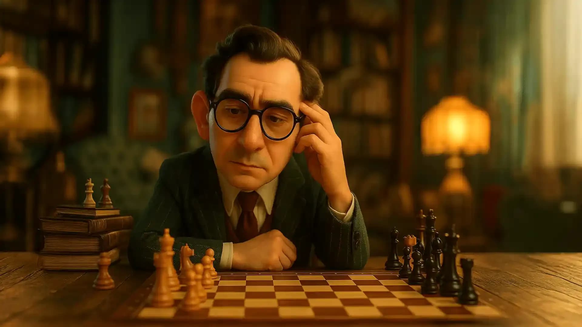 an studying chessboard deeply, contemplating the **Pirc Defense** setup and **hypermodern strategy**, chess player concentration