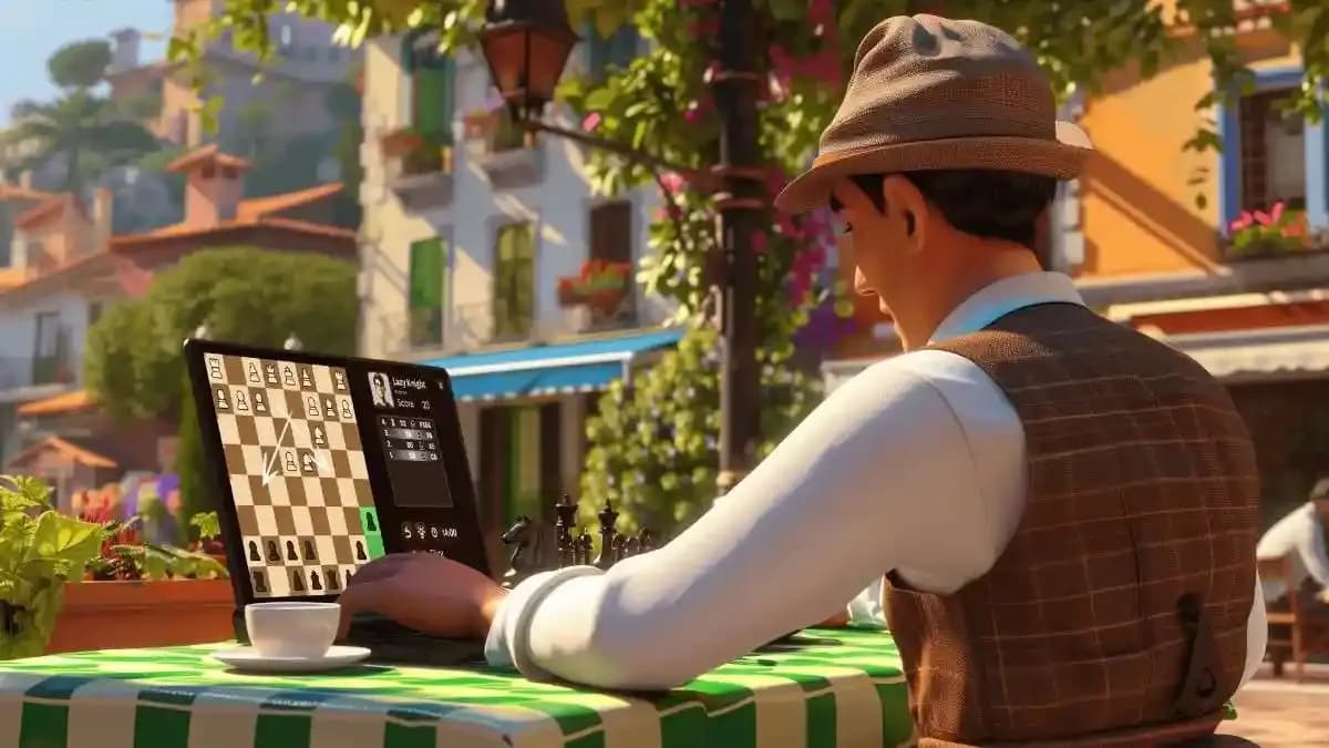 Animated chess player studying the Sicilian Defence opening on a laptop in a sunny outdoor café.