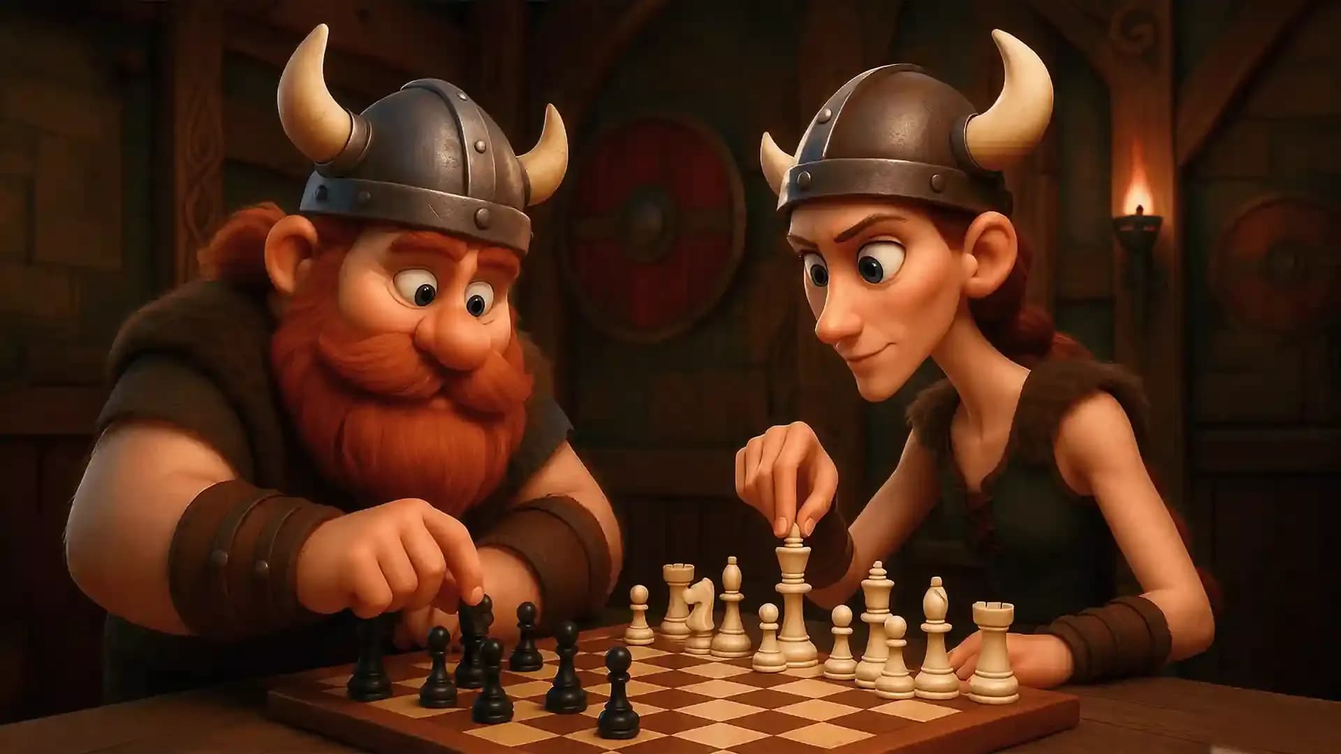 Two Viking-themed cartoon characters playing chess indoors, symbolizing strategic thinking in the Scandinavian Defense opening